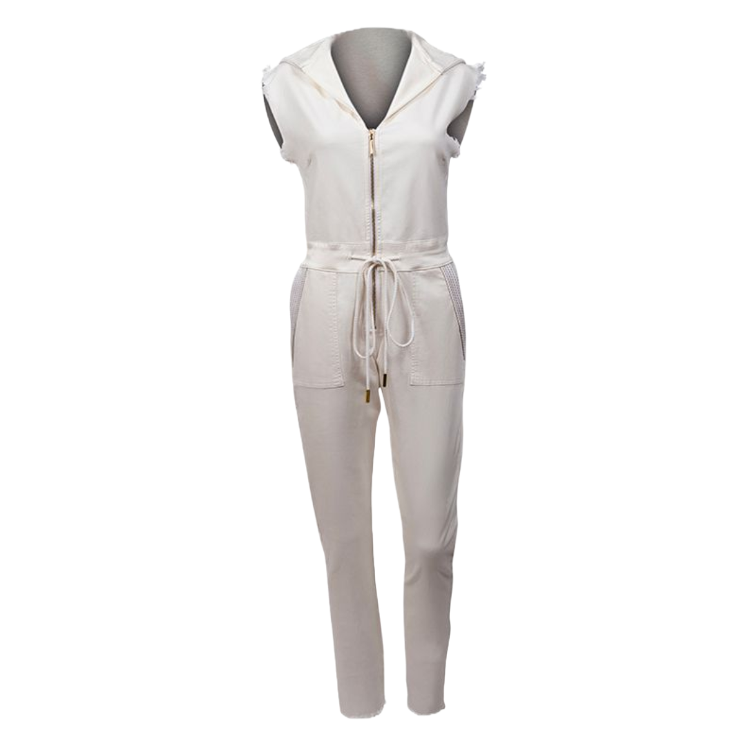 The Carly Hooded Denim Jumpsuit in White