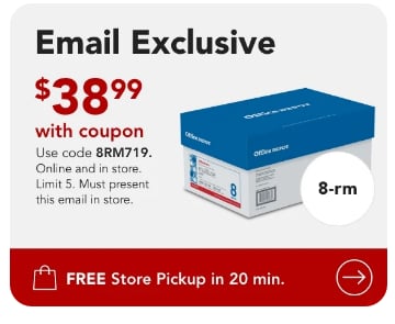 $38.99 Office Depot brand 8 ream case paper Online and Instore with coupon code. Vanity code 8RM719 (FRI-SAT