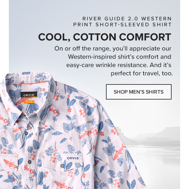 River Guide 2.0 Western Print Short-Sleeved Shirt Cool Cotton Comfort On or off the range, you'll appreciate our Western-inspired shirt's comfort and easy-care wrinkle resistance. And it's perfect for travel, too.