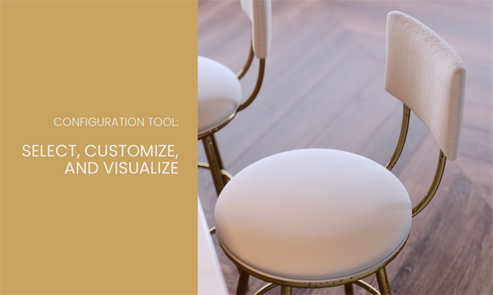 Configuration Tool: Select, Customize, and Visualize. Featuring the Rei Barstool in Hammered Brass finish with Aspen Pure White vinyl seat and French Ivory Performance fabric on the backrest.