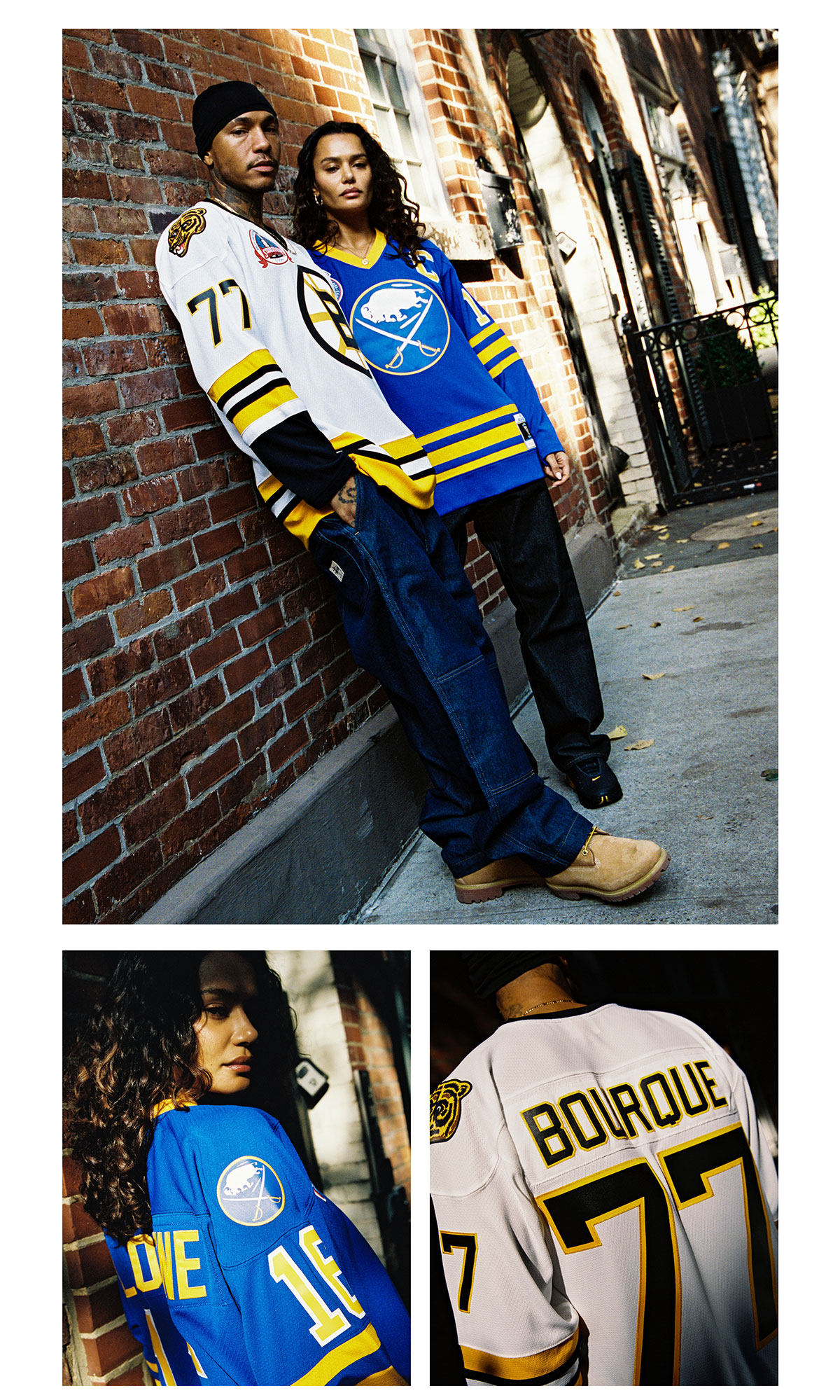 Blue Line Cam Neely Boston Bruins White 1993 Jersey & Blue Line Pat Lafontaine Buffalo Sabres Dark 1992 Jersey on Models