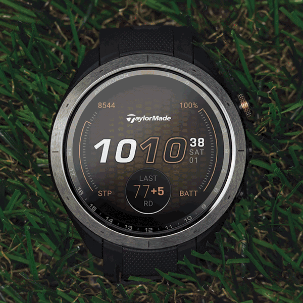 TaylorMade | Garmin Approach S70 Smartwatch gif showing multiple different tech features of the watch, including time, golf course readings and temperature