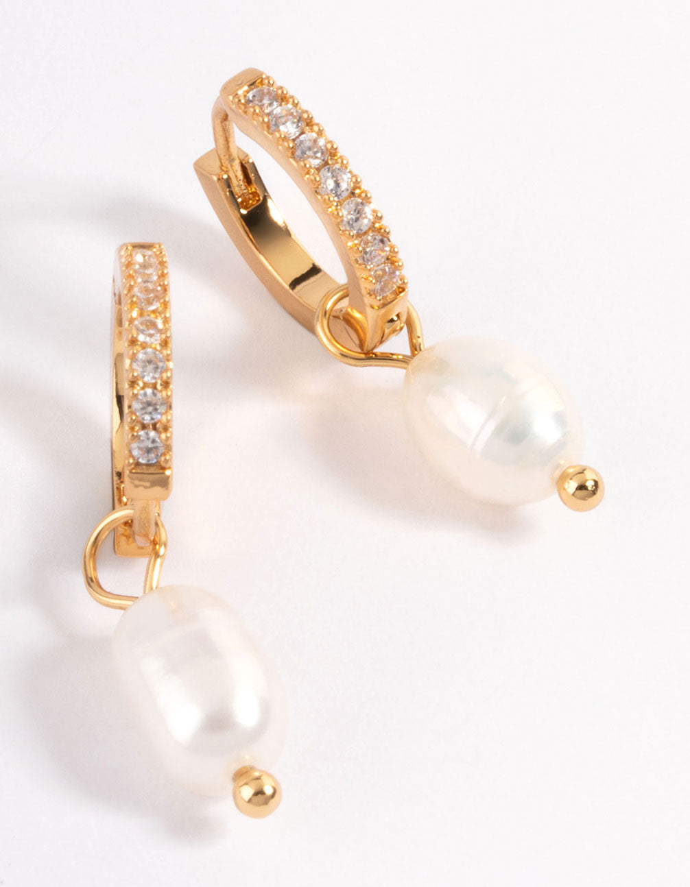 Image of Gold Plated Stainless Steel Diamante Freshwater Pearl Drop Huggie Earrings