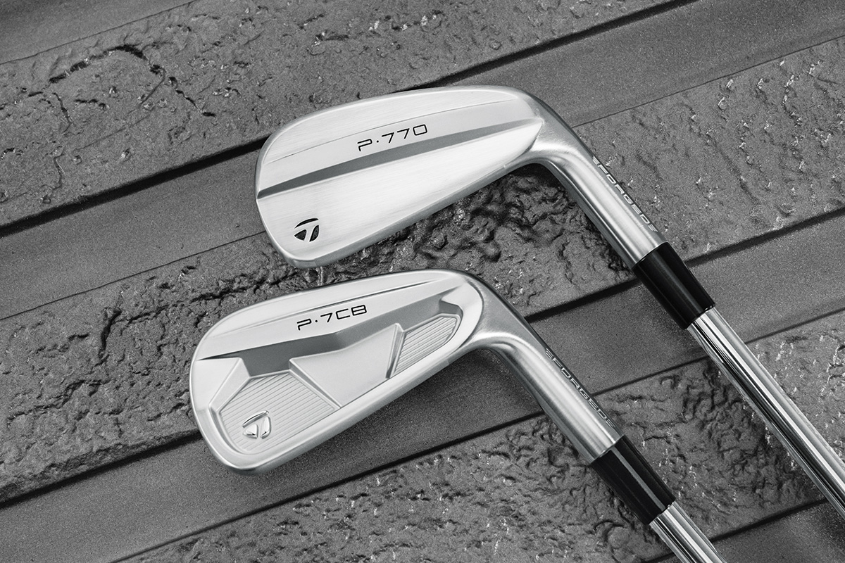 P·770 and P·7CB Series Irons lying on a grey steel textured background