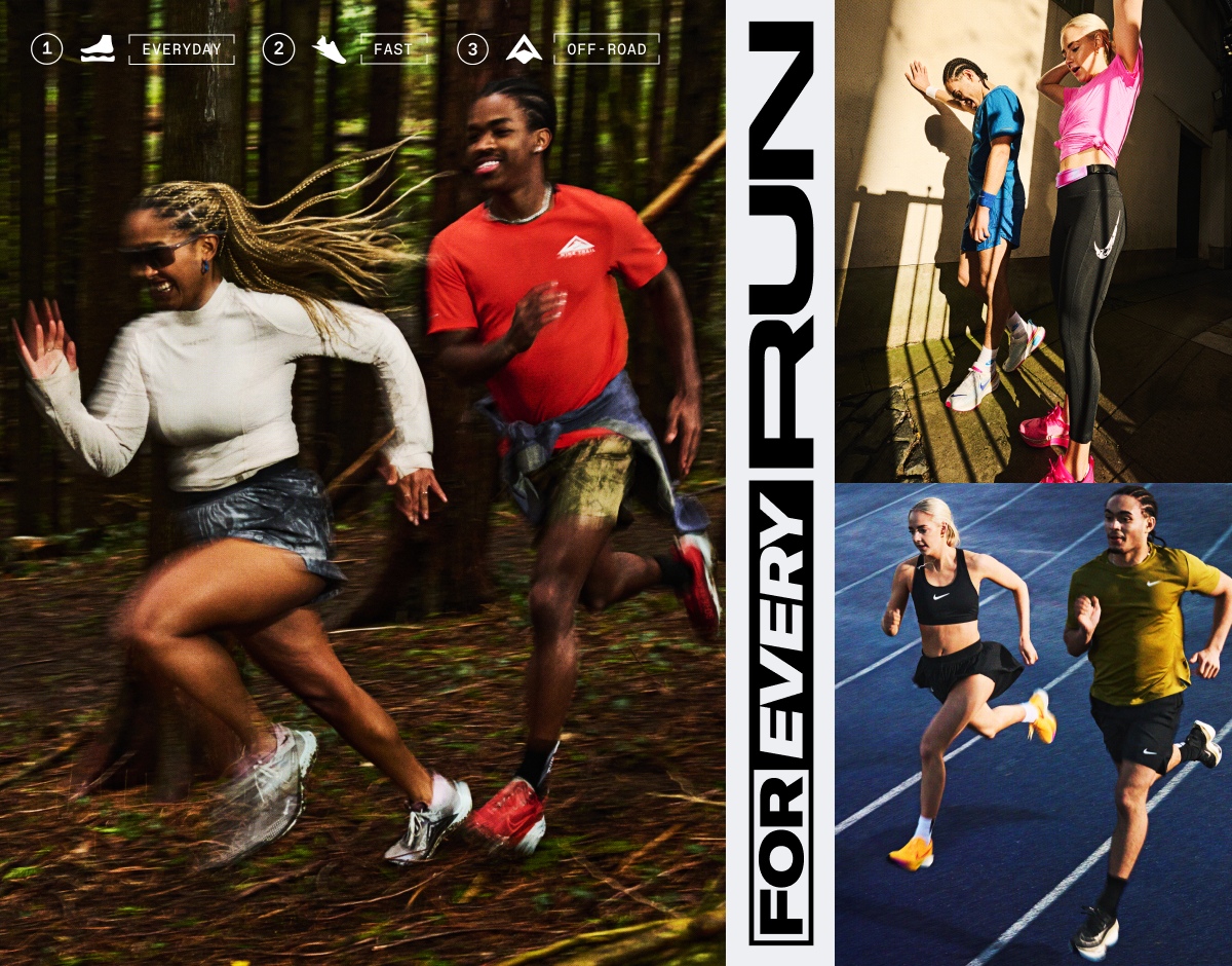 Graphic with text and image. Three images of people running/stretching, one male and female in the city, one male and female running on the race track, and one male and female on a trail, with text over the top which says For Every Run