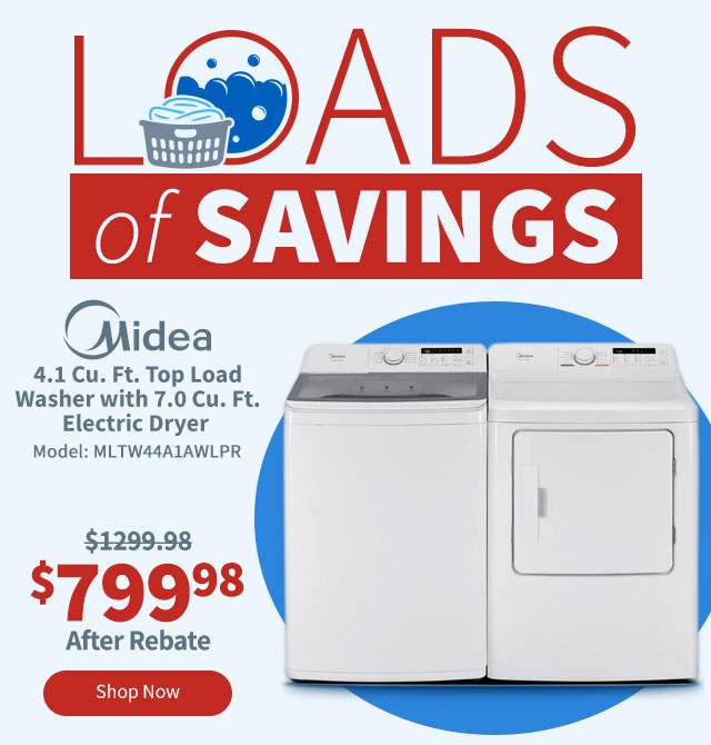 Midea 4.1 Cu. Ft. Top Load Washer with the 7.0 Cu. Ft. Electric Dryer - White