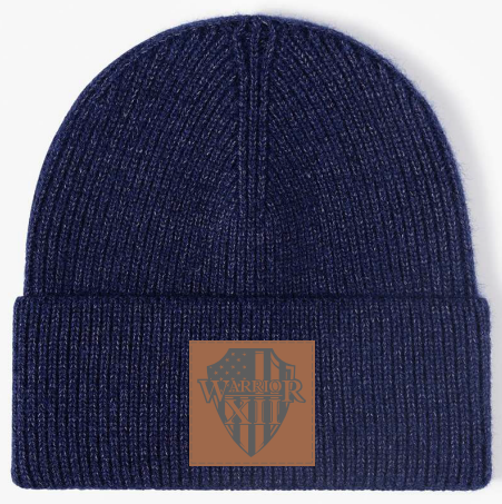 Image of Navy Blue Line Knit Beanie - W12 Dark Brown Patch