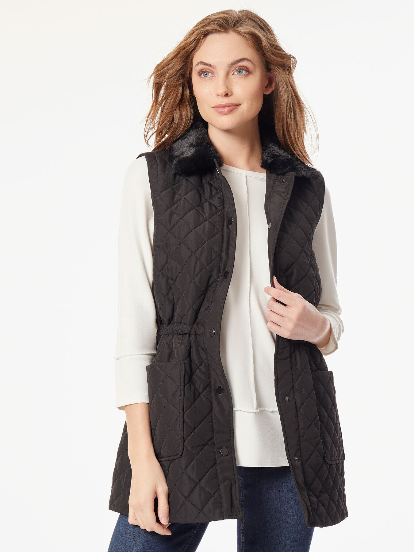 Image of Plus Size Snap Front Quilted Fur Collar Vest