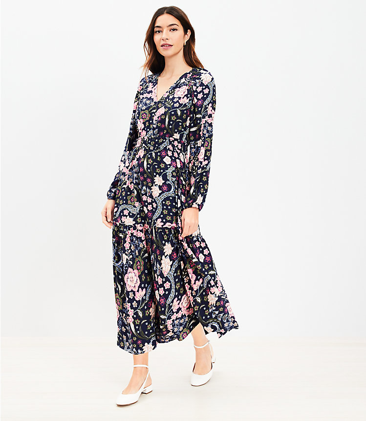 Floral Shirred Flounce Midi Dress