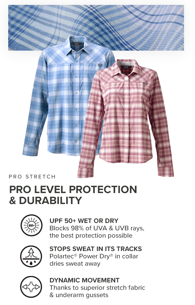 PRO Stretch PRO Level Protection & Durability UPF 50+ Wet or Dry Blocks 98% of UVA & UVB rays, the best protection possible Stops Sweat in its Tracks Polartec® Power Dry® in collar dries sweat away Dynamic Movement Thanks to superior stretch fabric & underarm gussets