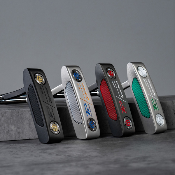 4 different colorways and finished to the MyTP putters, showing the bottom of the putters in a studio setting