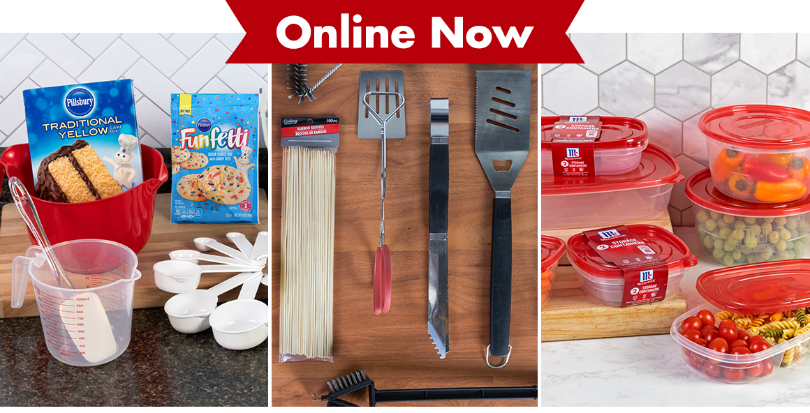 Collage of 3 photos showing baking supplies, grilling tools, and food storage