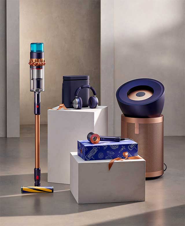 A display of Dyson technology in Prussian blue and Rich copper