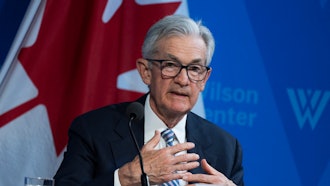 Federal Reserve Chair Jerome Powell participates in a Washington Forum on the Canadian Economy, together with Tiff Macklem, Governor of the Bank of Canada, Wednesday, April 16, 2025, in Washington.