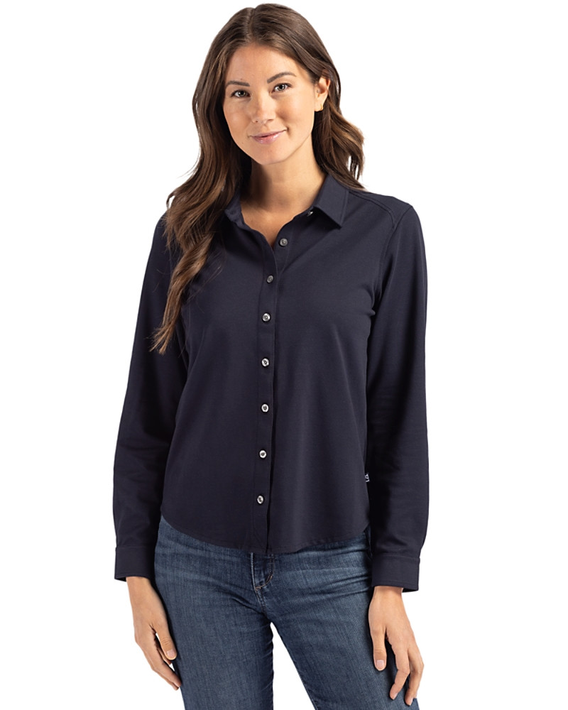 Image of Cutter & Buck Advantage Tri-Blend Eco Soft Pique Long Sleeve Knitted Womens Button Down