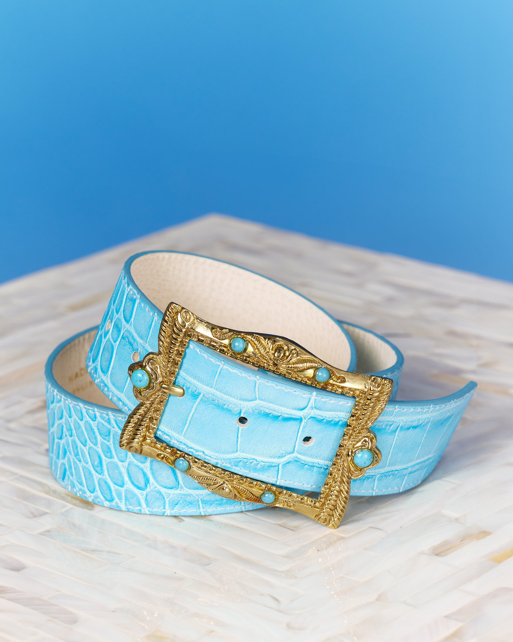 Image of Blair Leather Belt in Croc-Embossed Turquoise