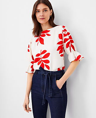 Leaf Ruffle Mixed Media Puff Sleeve Top