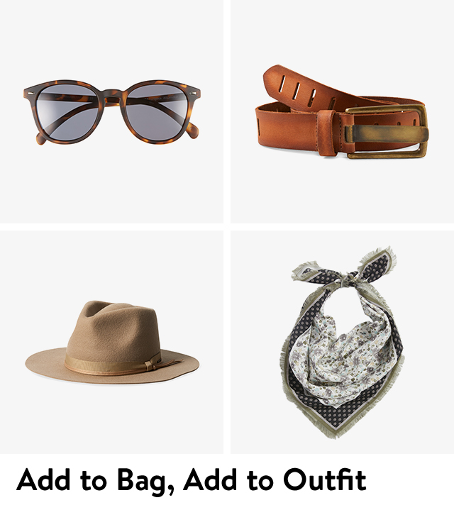 A silk scarf, brown belt, tortoiseshell sunglasses and wool fedora. 