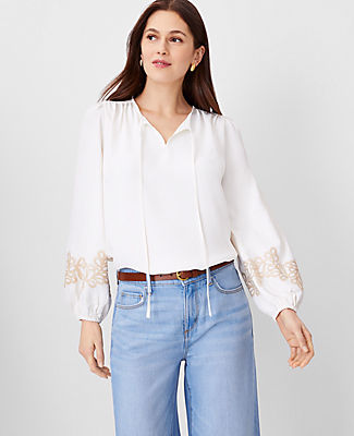 Petite Embroidered Sleeve Tie Neck Top