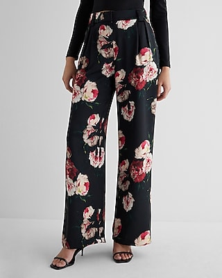 stylist high waisted satin floral pleated wide leg pant