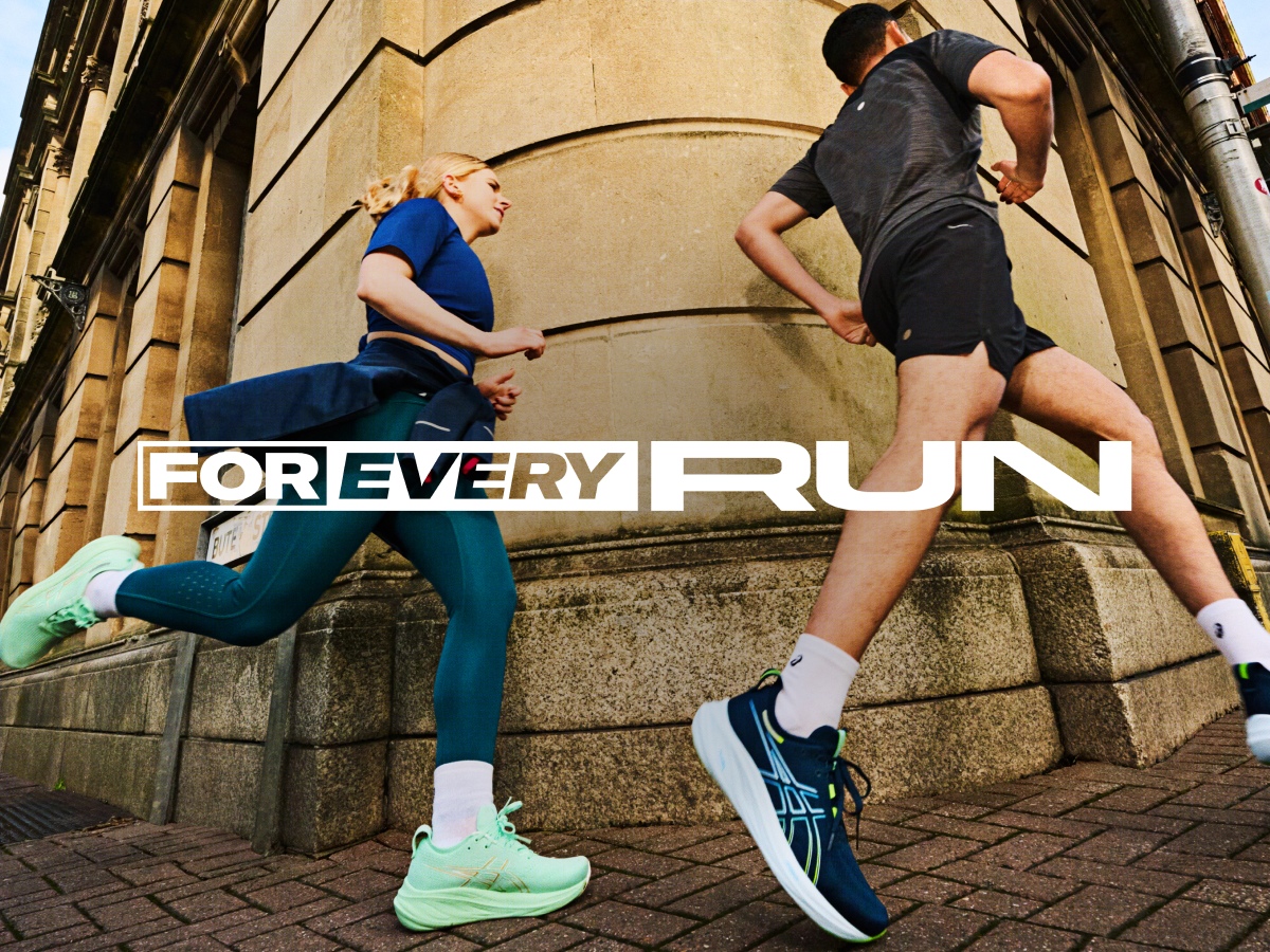 Graphic with text and image. Image depicts female and male runner in city scape with text over the top which says For Every Run