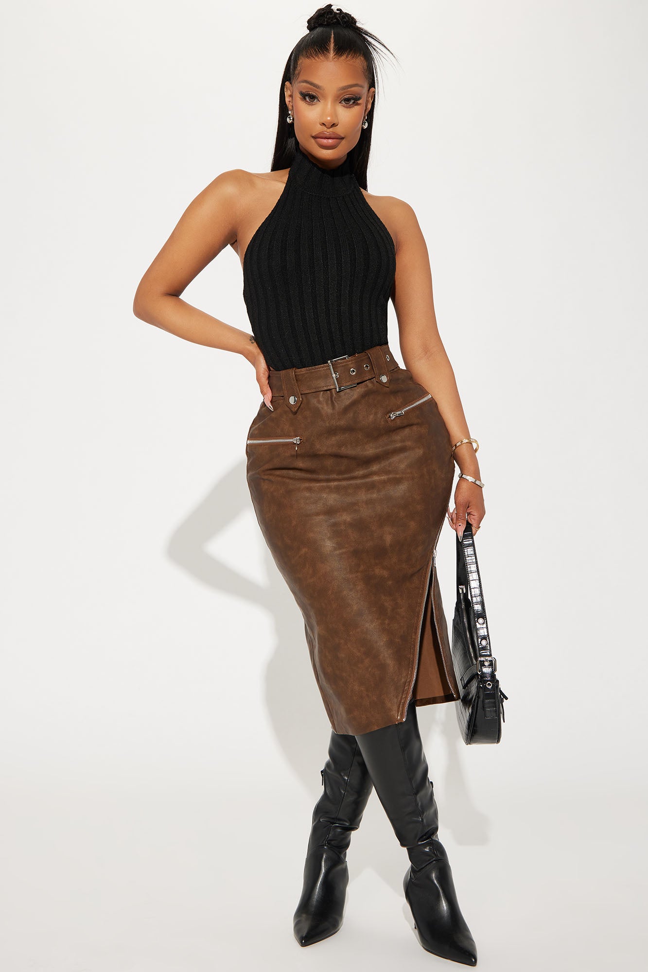 Image of Becky Washed Faux Leather Midi Skirt - Brown