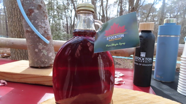 A bottle of maple syrup produced by Stockton University's Maple Project, Galloway, N.J., Feb. 21, 2024.