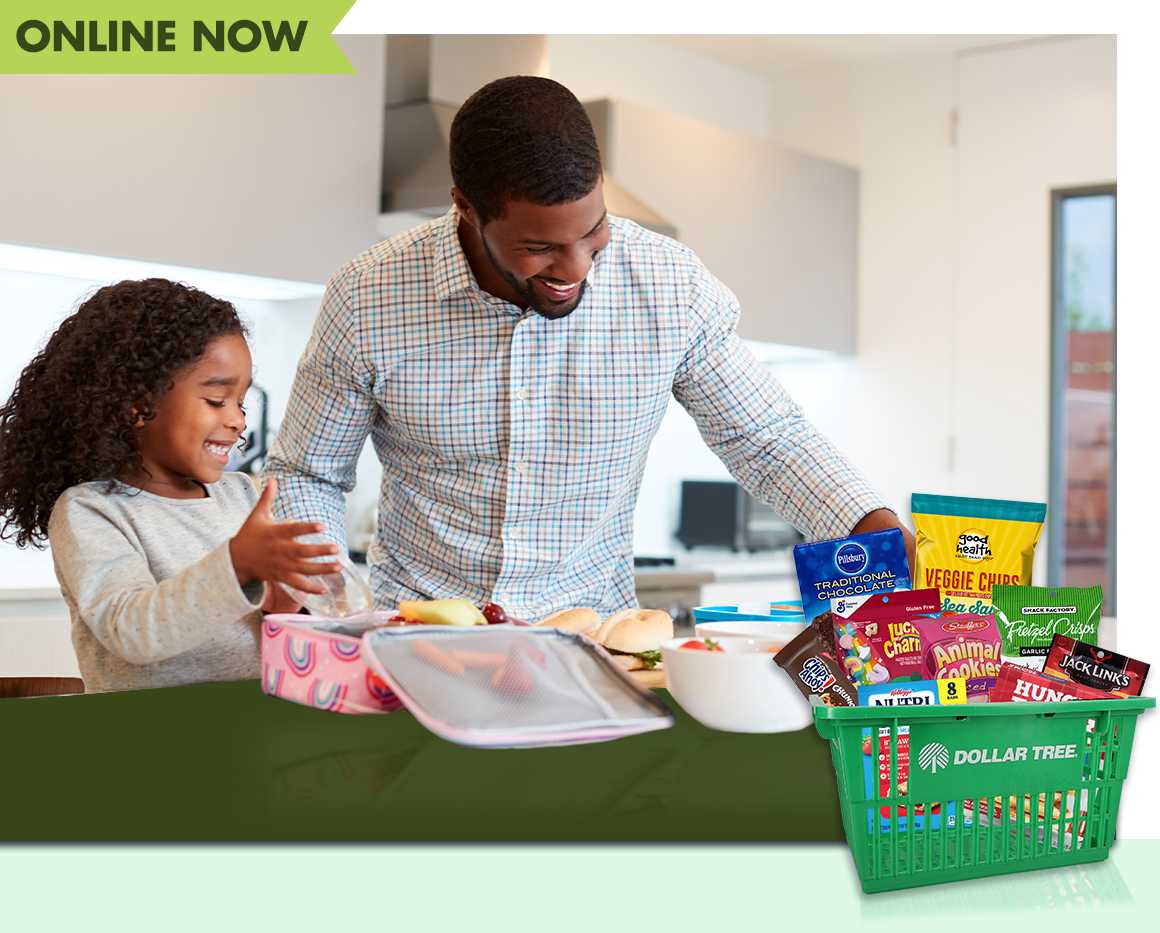 A dad and a daughter packing a lunch in a kitchen and a graphic of a Dollar Tree shopping basket with supplies