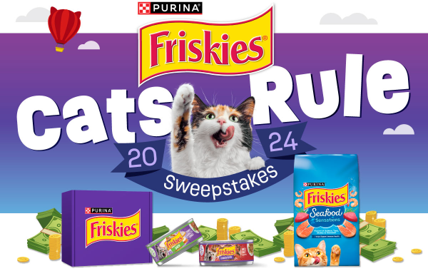 Friskies Cats Rule 2024 Sweepstakes logo on purple-blue gradient with illustrated clouds, with food packaging, illustrated money and a mystery box below.