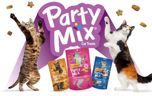 Party Mix logo lit with purple spotlights, with a cat standing on each side reaching for treats falling toward them, and 3 bags of treats between them.