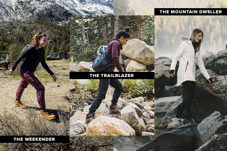 3 image collage showing the progression from beginner to expert outdoorsman. Left-most image is woman hiking in the sunshine wearing beyond clothing gear, image in the middle is a woman hiking near a creek wearing a bag and the third image is a woman wearing a winter jacket walking on some rocks in a snowy environment.