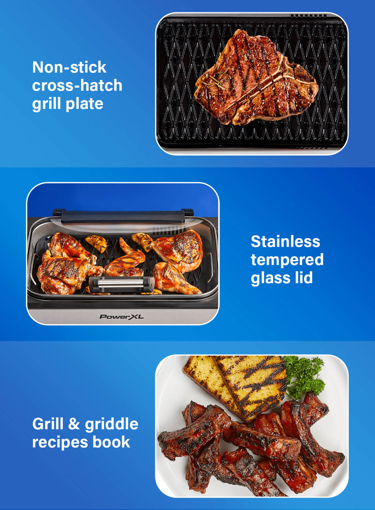 Non-stick cross-hatch grill plate Stainless tempered glass lid Grill & griddle recipes book