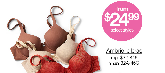 From $24.99, select styles. Ambrielle bras, regular $32 to $46, sizes 32A-46G