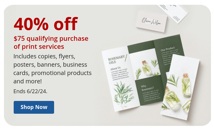 25% off $45 qualifying purchase of Print Services