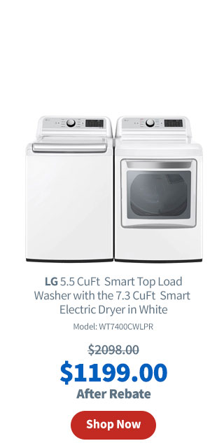 LG 5.5 CuFt Mega Capacity Smart Wi-fi Enabled Top Load Washer with the 7.3 CuFt Ultra Large Capacity Smart Wi-Fi Enabled Electric Dryer in White