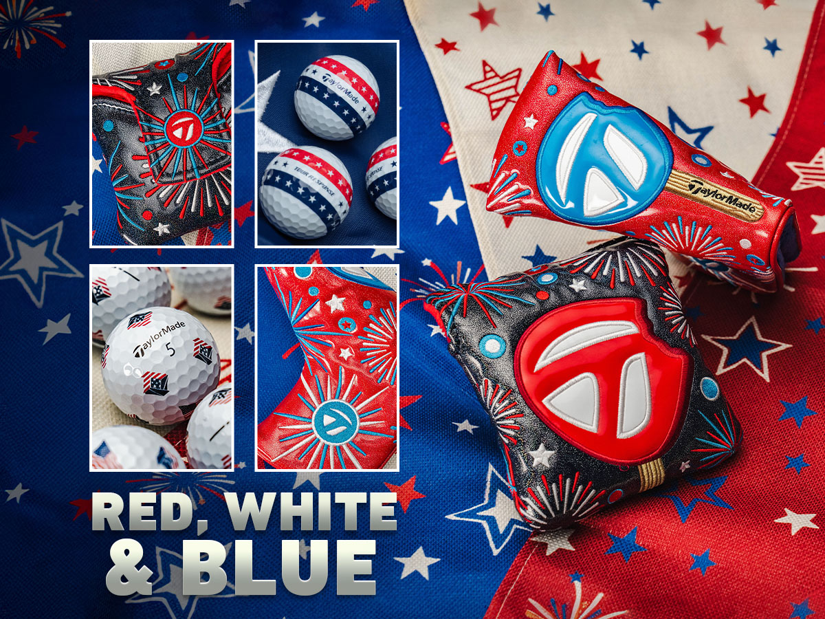 Red, white and blue star backdrop, with the fireworks blade and mallet putter headcovers, next to 4 zoomed in photos of each headcover, plus the Tour Response Stripe USA golf balls and the pix USA golf balls