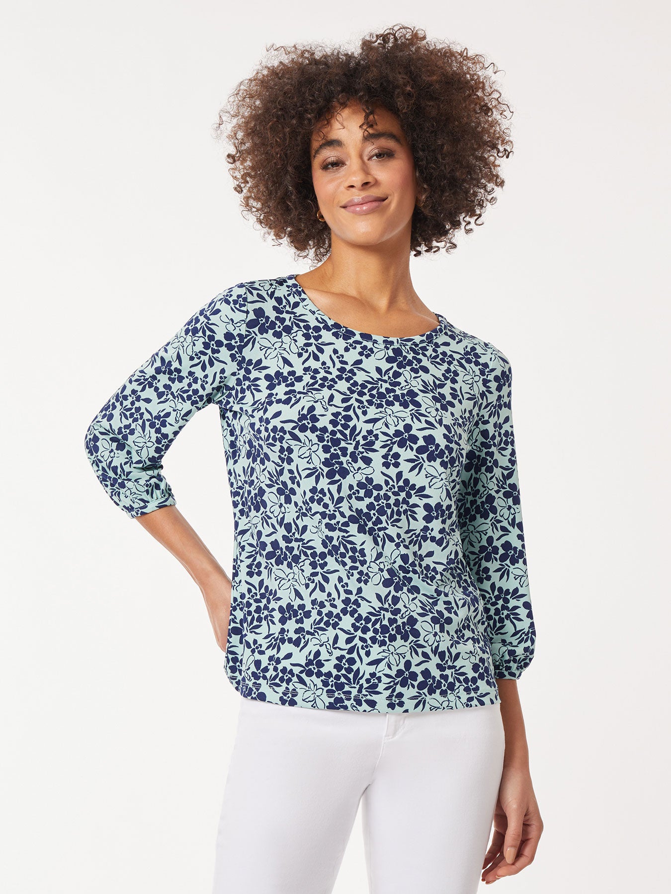 Printed Moss Crepe Puff Sleeve Top