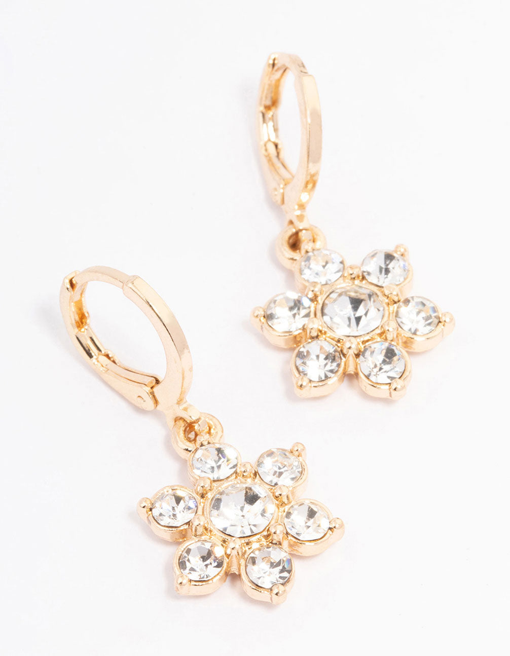 Image of Gold Diamante Flower Drop Huggie Earrings