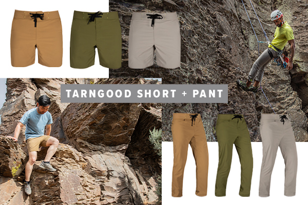 men rock climbing and scrambling while wearing the TarnGood shorts and pants