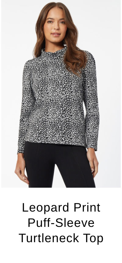 Leopard Print Puff-Sleeve Turtleneck Top