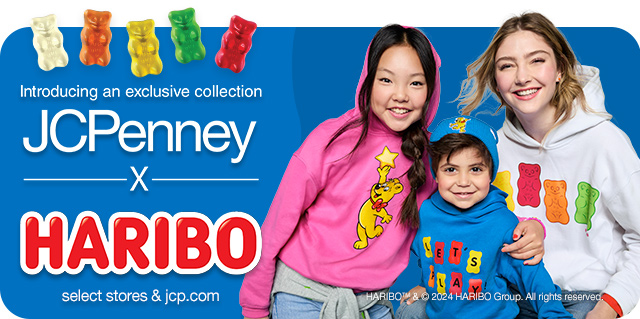 Introducing an exclusive collection - JCPenney X Haribo. Select stores & jcp.com. HARIBO & © 2024 HARIBO Group. All rights reserved.