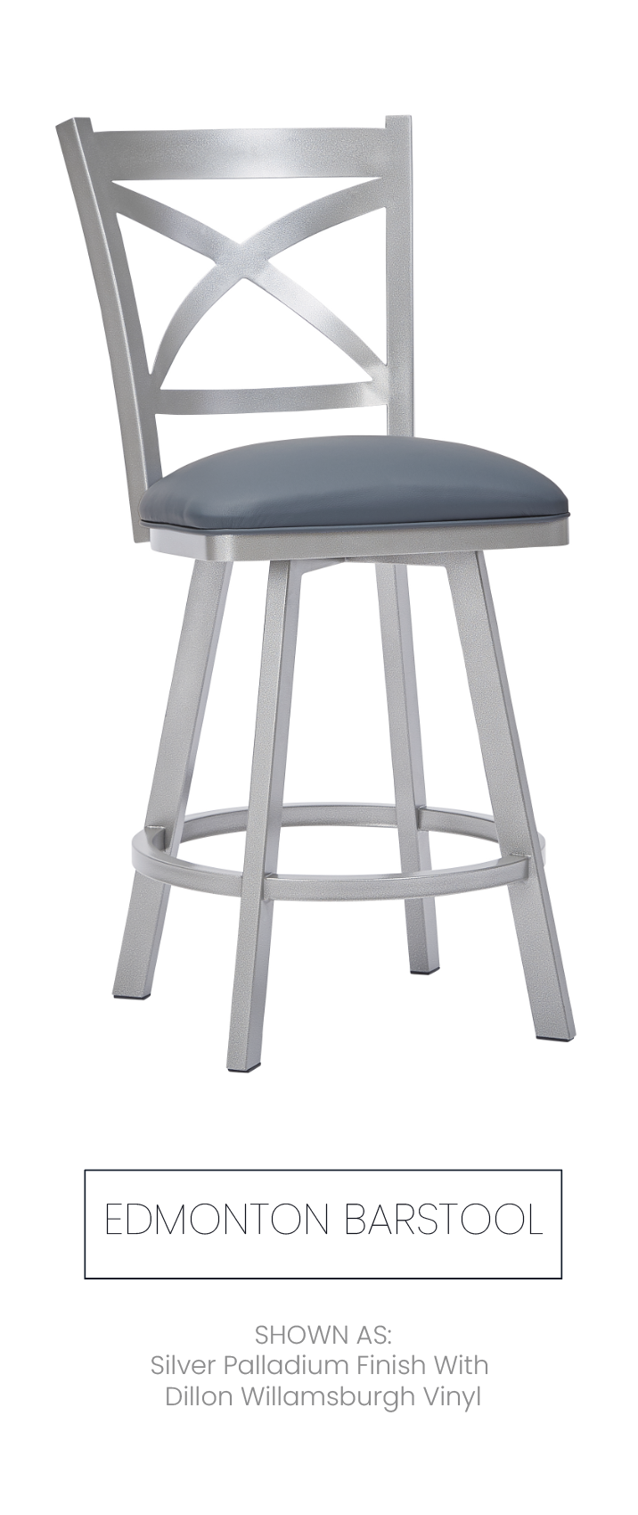 Edmonton barstool shown as Silver Palladium finish with Dillon Willamsburgh Vinyl.