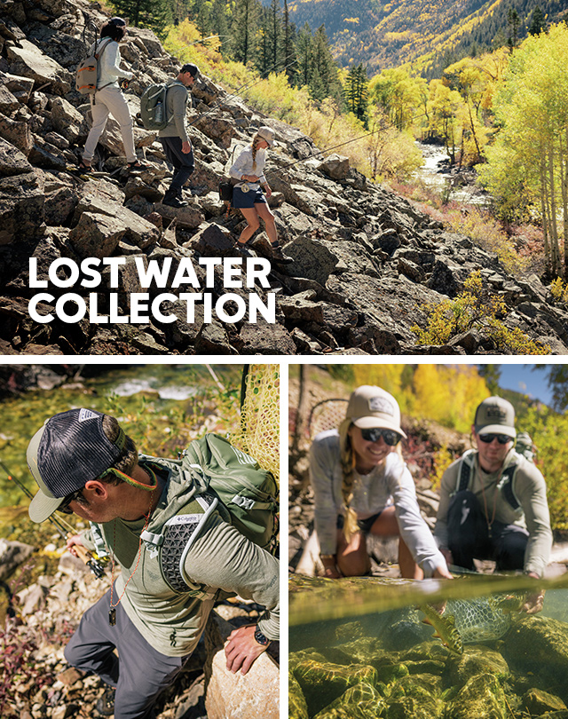 LOST WATER Collection. A man and woman in Columbia gear fishing. 