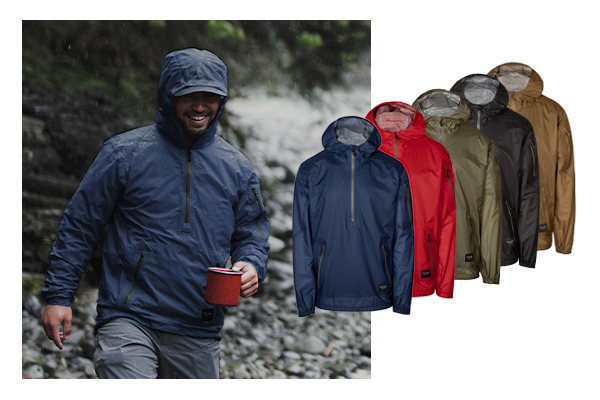 Man wearing the Navy Yuba Rain Anorak while walking along a rocky stream in the rain. Side image featuring all the color options for the Yuba.