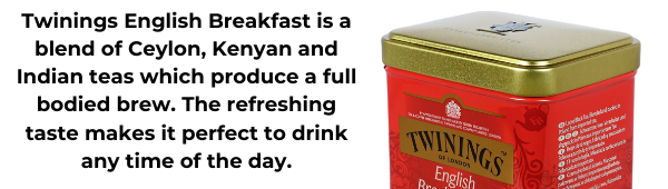 Twinings English Breakfast is a blend of Ceylon, Kenyan and Indian teas which produce a full bodied brew. The refreshing taste makes it perfect to drink any time of the day.