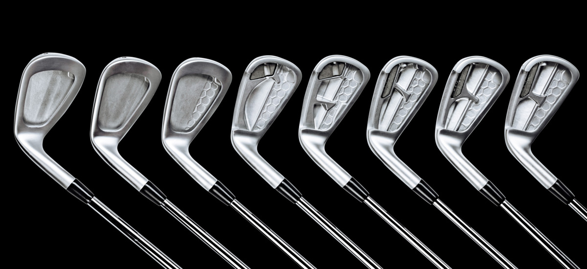 Full P790 set of irons cut in half to show the inside of each individual iron, lined up on a black background