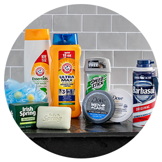 Variety of personal care supplies on a bathroom counter