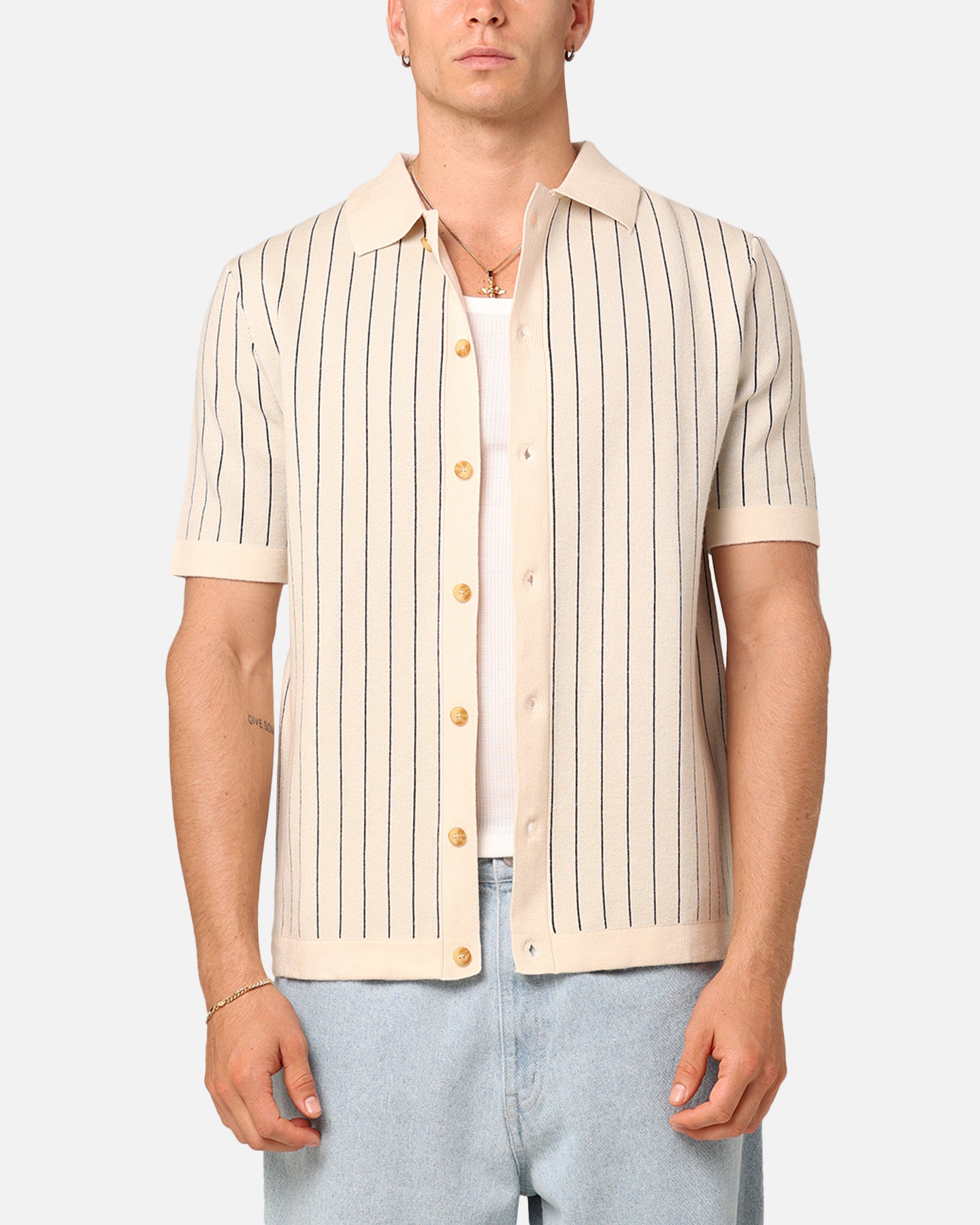 Image of XXIII Nicholas Knit Button Up Shirt Sand/Black