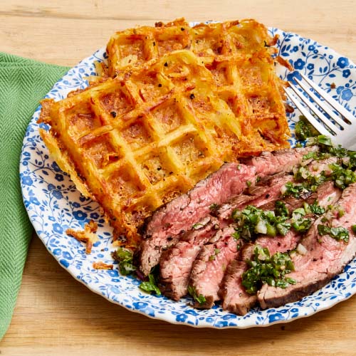 Flank Steak with Cheesy Waffle Hashbrowns