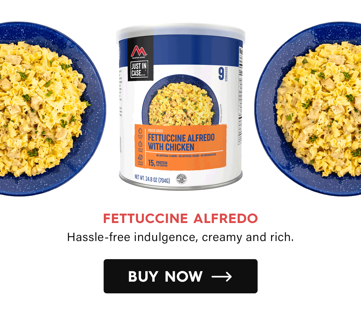 Fettuccine Alfredo Hassle-free indulgence, creamy and rich. CTA: Buy Now